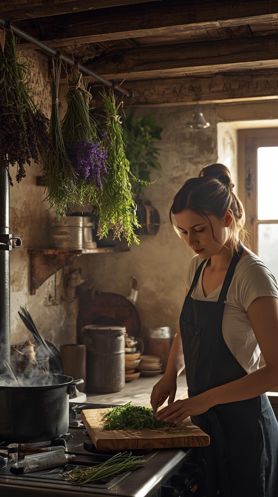 A woman in a rustic kitchen with various herbs hanging in bunches is cooking